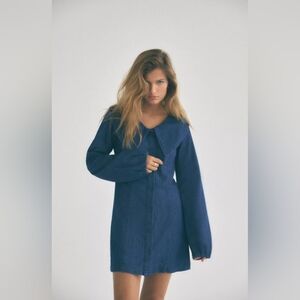 ZARA Blue Denim Mini Dress XS Oversized Pointed Collar